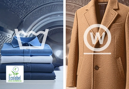 Textiles et manteau avec pictogrammes d’entretien illustrant la recherche innovation pressing pour développer des méthodes de nettoyage textile plus performantes et respectueuses de l’environnement.