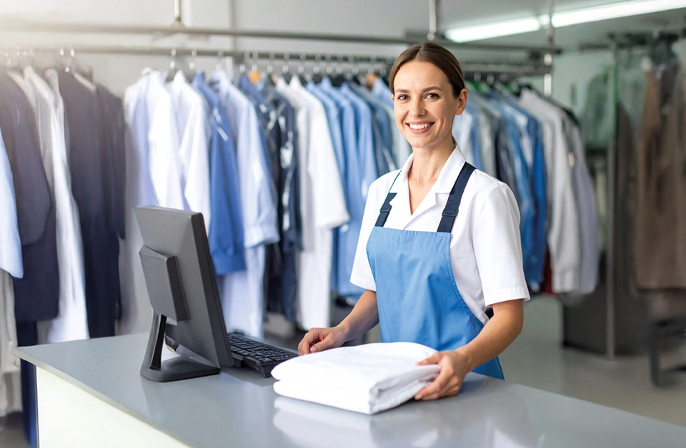 Employée en pressing préparant du linge illustrant une solution pressing entreprise