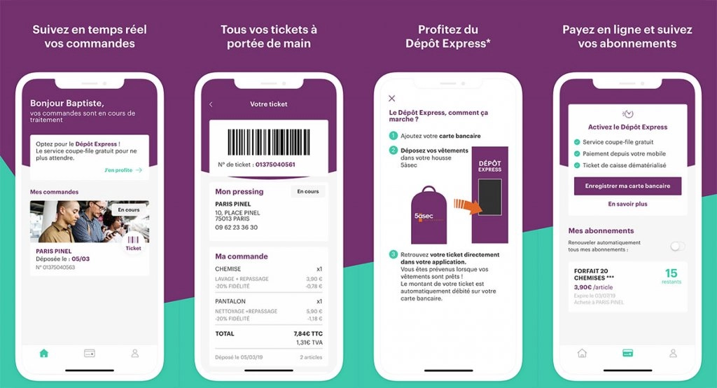 Écrans de l’application 5àsec permettant le suivi des commandes et la gestion des tickets de pressing