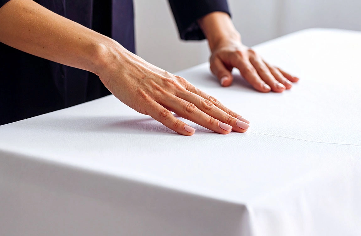 Lissage à la main d'une nappe blanche illustrant l’entretien des vêtements et le soin du linge